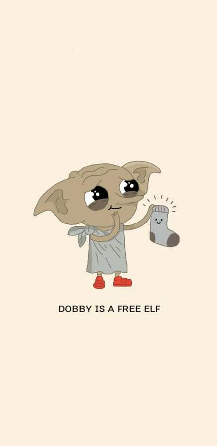 A cartoon elf holding a smiling sock with text below saying 'Dobby is a free elf'. — Harry Potter Dobby Wallpaper