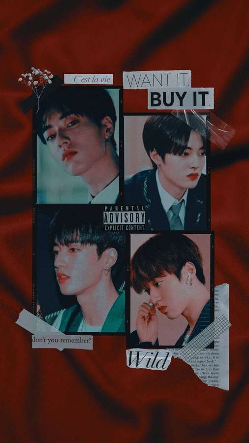 Vier K-Pop-Idole in einer Collage mit Text und einem Elternhinweis-Aufkleber auf rotem Stoff. — Haruto Bilder