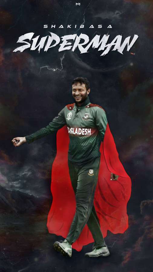 Cricket player Shakib Al Hasan in superhero costume with red cape against cosmic storm background. — Hasan Wallpaper
