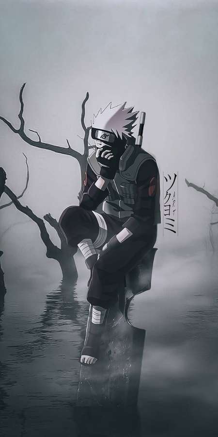 Anime ninja in mask sitting on stone pillar in foggy water with bare trees. — Hatake Background