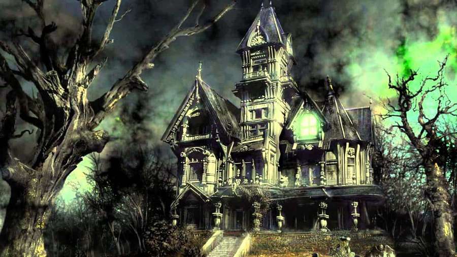 A spooky haunted mansion with glowing windows in a dark forest at night. — Haunted Background
