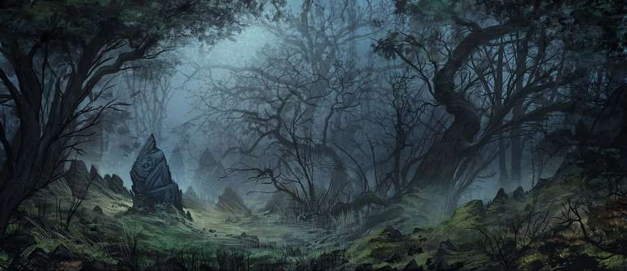 Misty forest with twisted trees and mossy rocks under a gloomy sky. — Haunted Forests Wallpaper