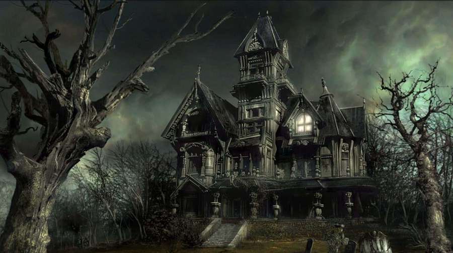 A spooky gothic mansion with glowing windows surrounded by dead trees under a dark stormy sky. — Haunted Picture