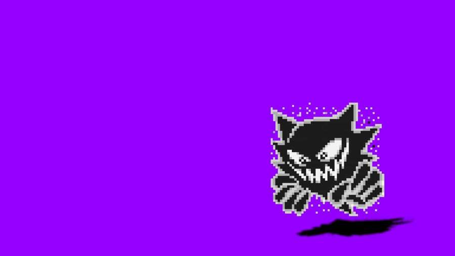 Pixelated black cat with sharp teeth leaping against purple background. — Haunter Wallpaper