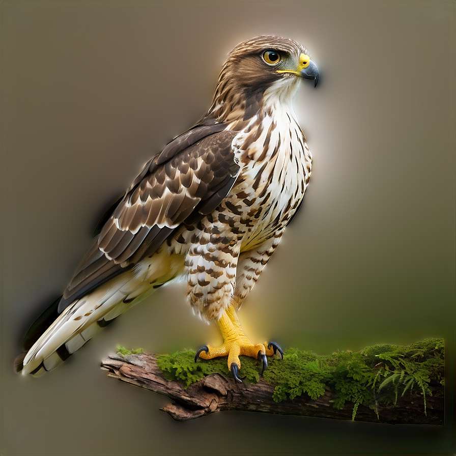 A hawk perched on a mossy branch with detailed feathers and sharp talons. — Hawk PNG