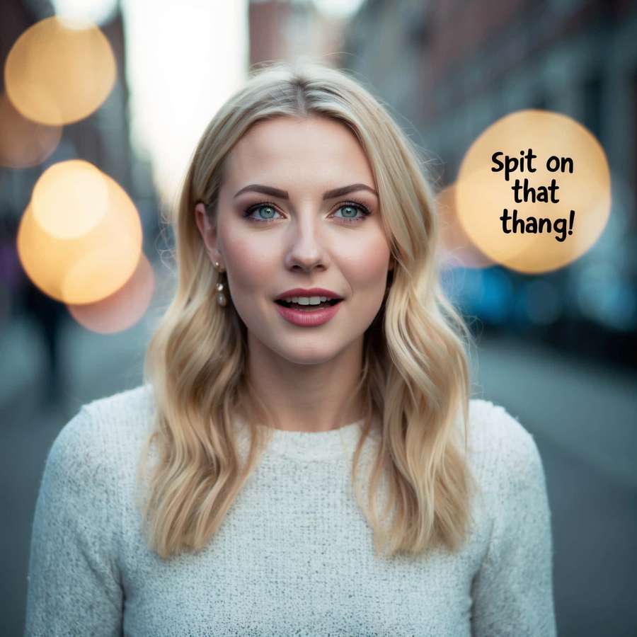 Eine blonde Frau lächelt auf einer Stadtstraße mit leuchtenden Lichtern hinter sich. — Hawk Tuah Wallpaper