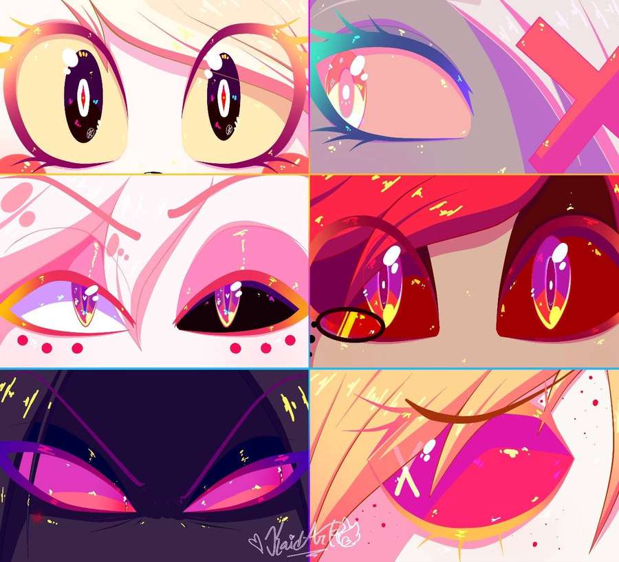 Six anime character eyes in vibrant colors with glitter and expressive details. — Hazbin Wallpaper