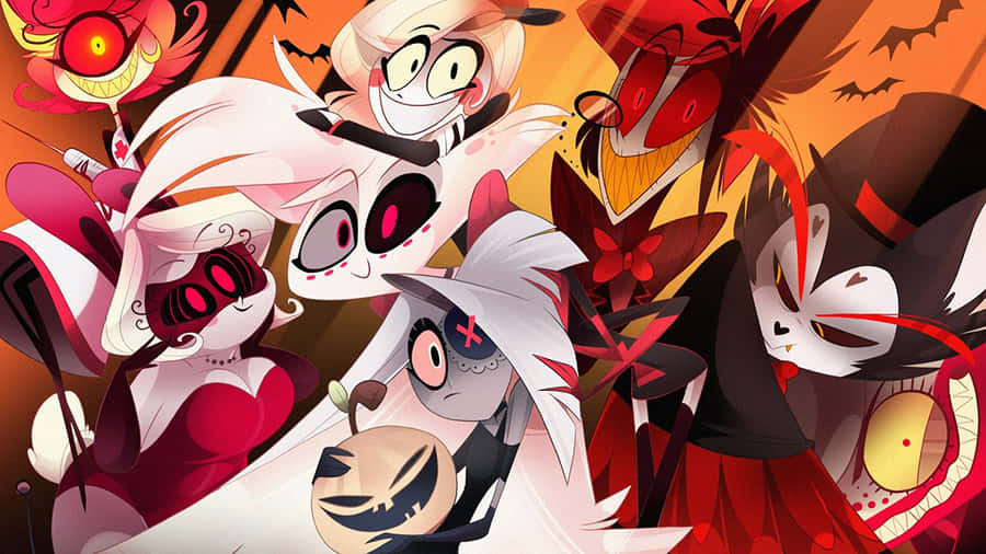 Grupo de personagens diabólicos em estilo anime com trajes vermelhos e brancos e olhos expressivos. — Hazbin Hotel Papéis de Parede