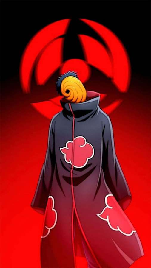 Anime-ninja i rød og sort kappe med maskeret ansigt og spiralsymbol bagved. — HD Billeder