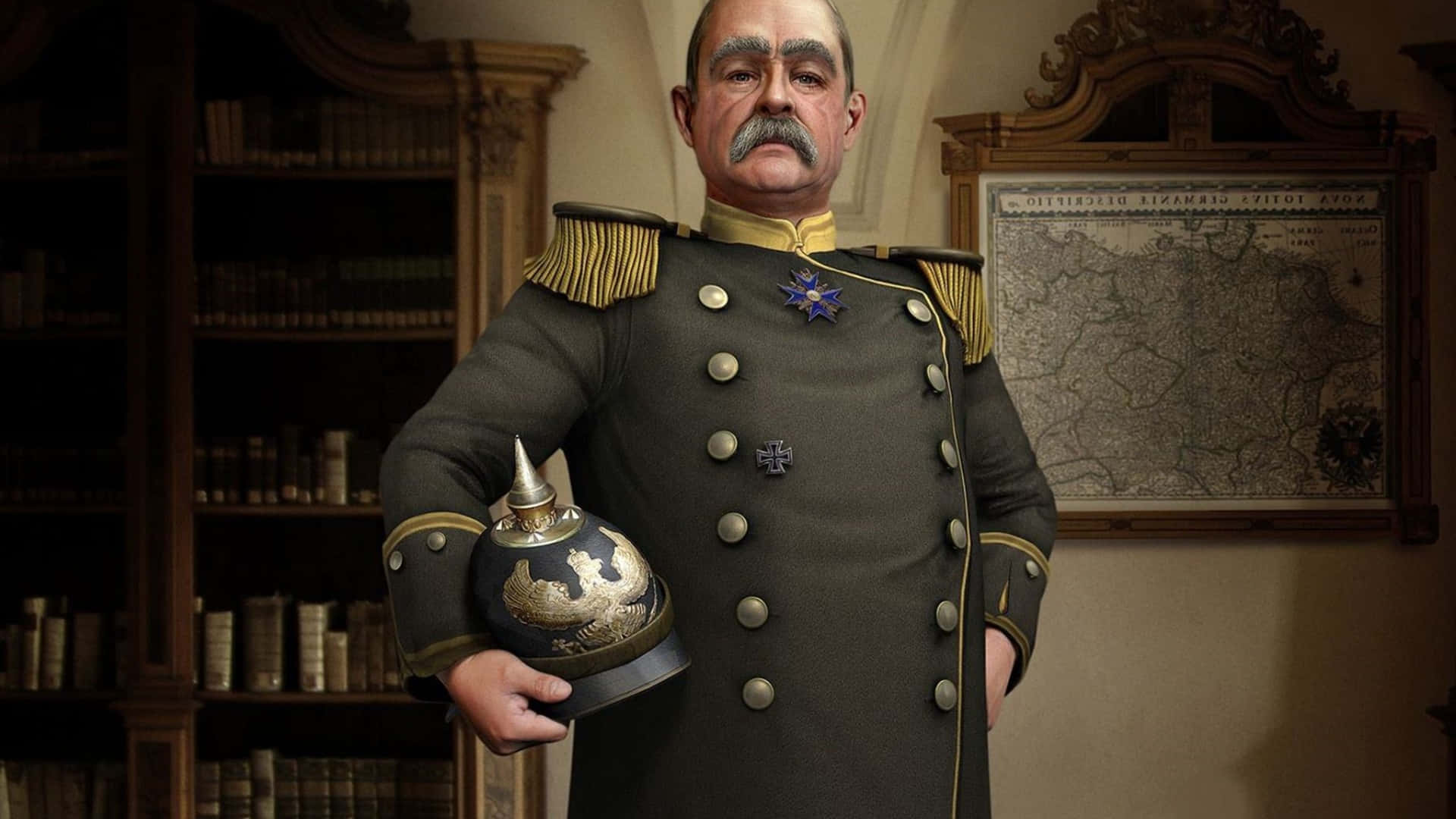 En militärgeneral i uniform som håller en hjälm i ett studierum med bokhyllor och en karta. — HD Civilization V Bakgrund Bakgrunder