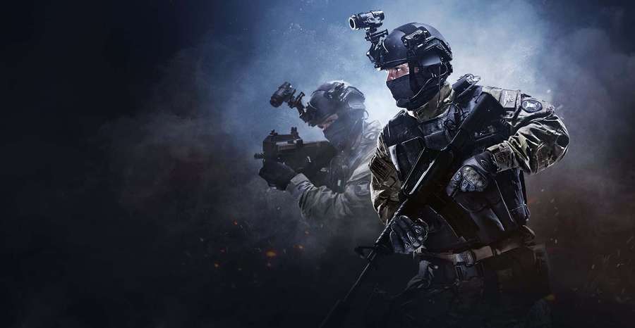Two armed soldiers in tactical gear moving through smoke at night. — HD Counter-strike Global Offensive Background