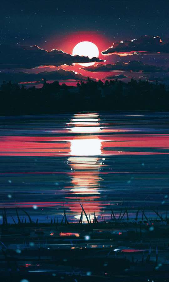 Roter Mond, der sich auf ruhigem Wasser unter einem sternenklaren Nachthimmel mit Baumsilhouetten spiegelt. — HD landschaft Wallpaper