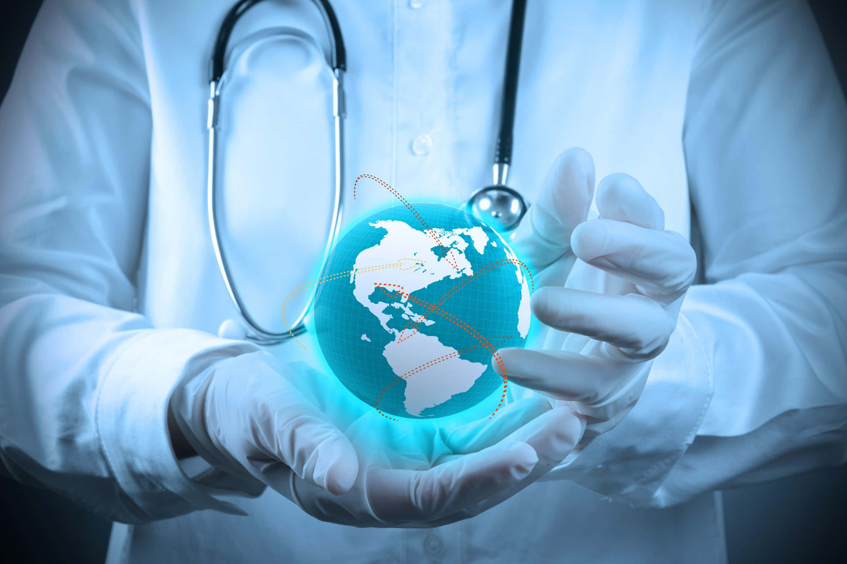 Doctor holding glowing digital globe with stethoscope around neck. — HD Medical Background