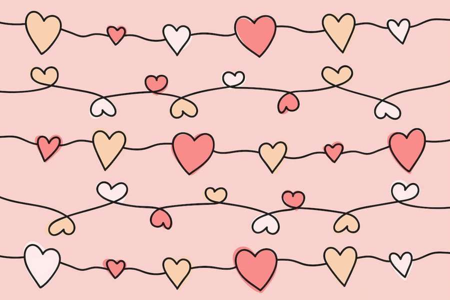 String of colorful hearts in pastel tones hanging on a pink background. — Heart Doodle Wallpaper