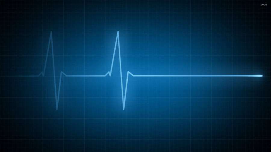 Blå EKG-hjerteslaglinje som falmer til flat linje på en mørk rutenettbakgrunn. — Heartbeat Bakgrunner