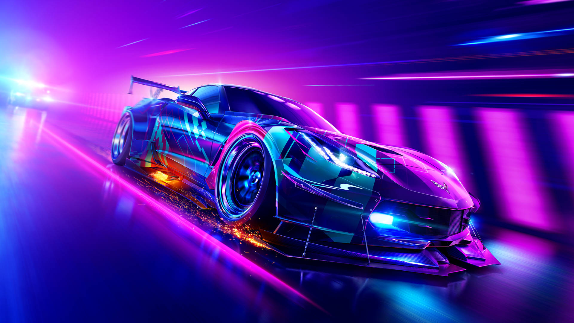 Futuristinen urheiluauto kiitää neonvalaistussa tunnelissa yöllä. — Lämpö Taustakuvat