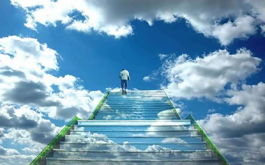 Person climbing a transparent staircase into a bright blue sky with clouds. — Heavenly Wallpaper