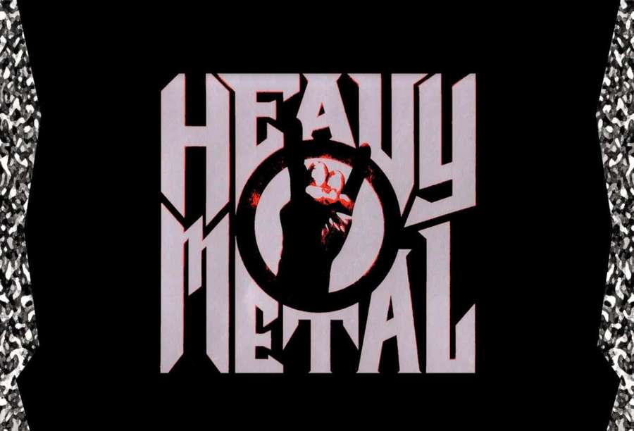 Heavy metal -logo, jossa kohotettu nyrkkigrafiikka mustalla taustalla hopeisella tekstuurilla. — Heavy Metal Taustakuvat