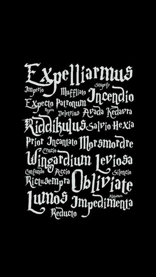Hechizos caligráficos de Harry Potter en blanco sobre fondo negro — Hechizos mágicos Fondos de pantalla