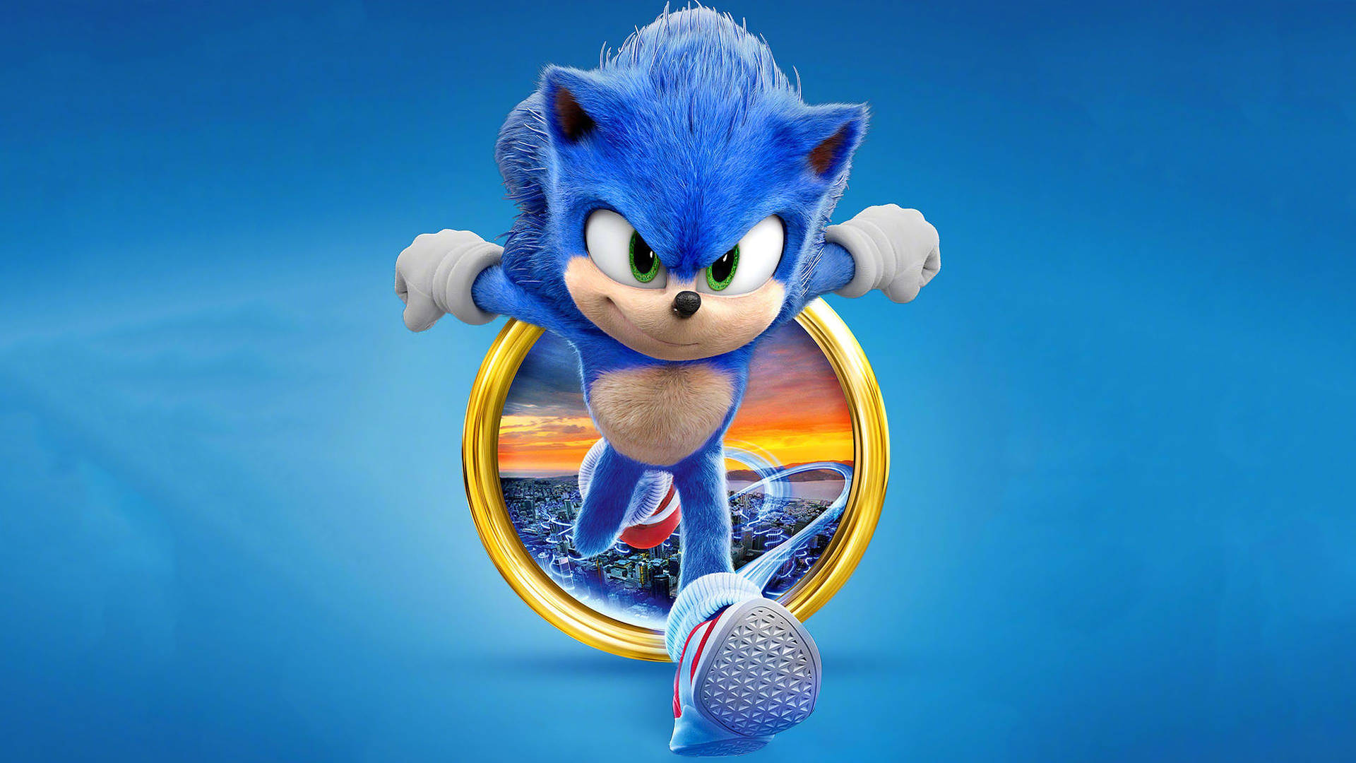 Sonic the Hedgehog running through a golden ring with a city sunset behind him. — Hedgehog Background