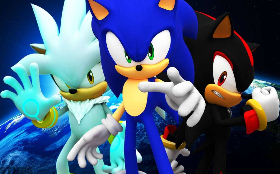 Three animated hedgehog characters in space with Earth behind them. — Hedgehog Wallpaper