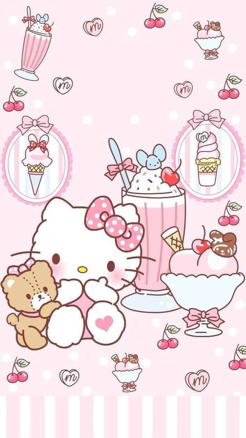 Hello Kitty ja nalle jälkiruokien ja kirsikoiden kanssa vaaleanpunaisella taustalla — Hei Taustakuvat