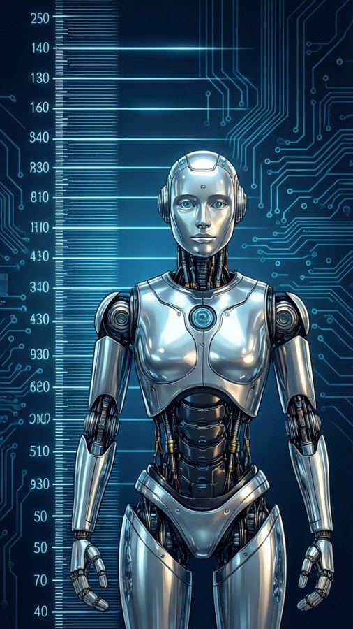 Futuristic robot height chart with digital ruler, tech theme. — Height Chart Wallpaper
