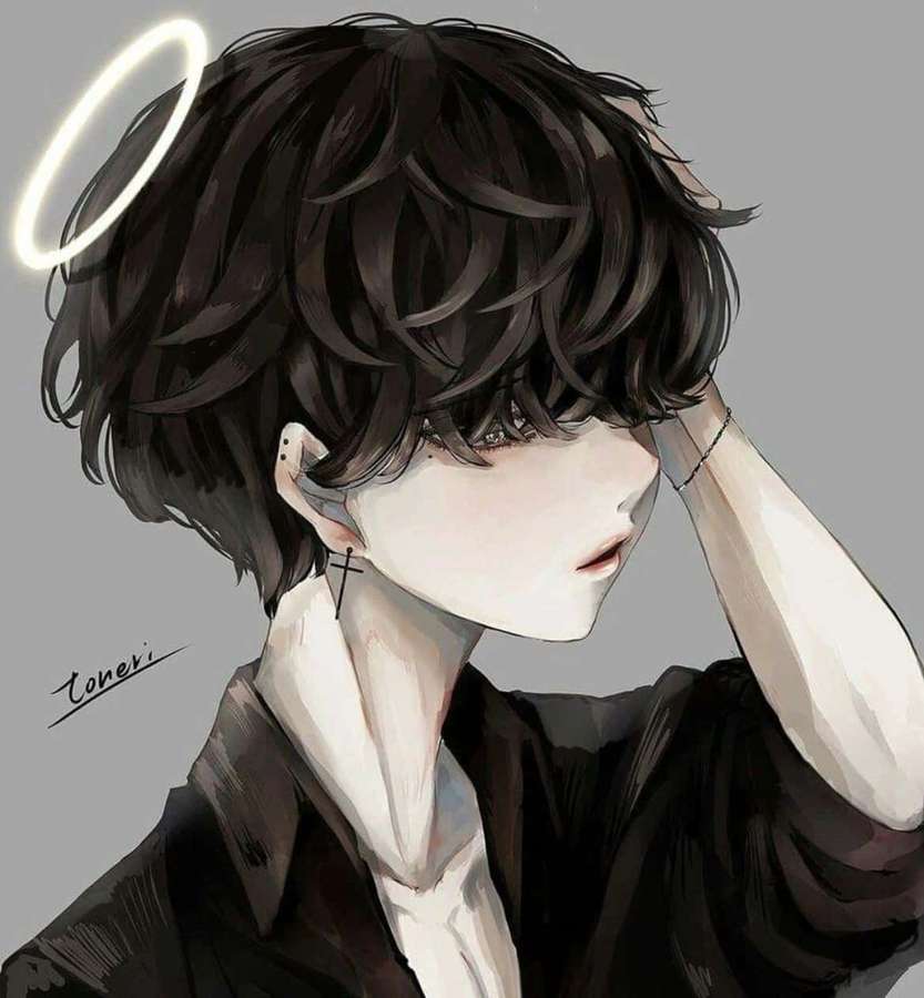 Anime-Junge mit dunklen Haaren und Heiligenschein, der mit der Hand auf dem Kopf nach unten schaut. — Heiligenschein Wallpaper