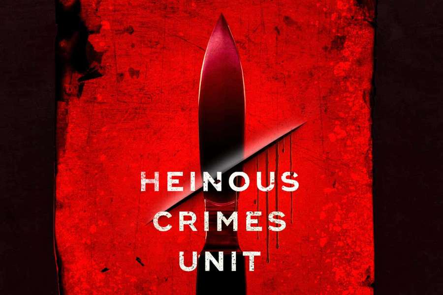 A bloody knife with text 'Heinous Crimes Unit' on a red background. — Heinous Wallpaper