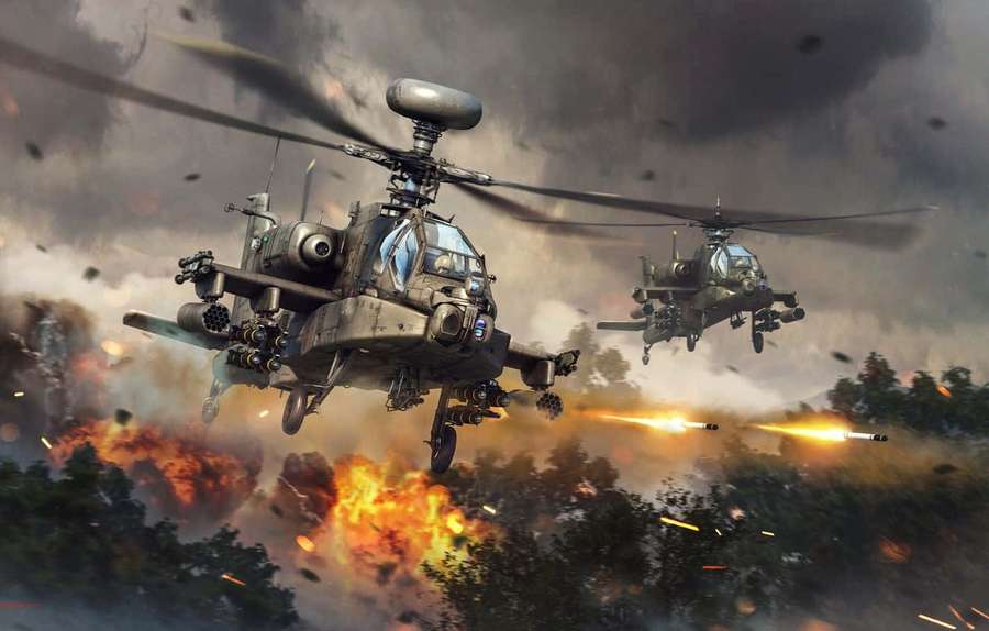 Dois helicópteros militares disparando mísseis sobre uma floresta em chamas. — Helicóptero Cool Papéis de Parede