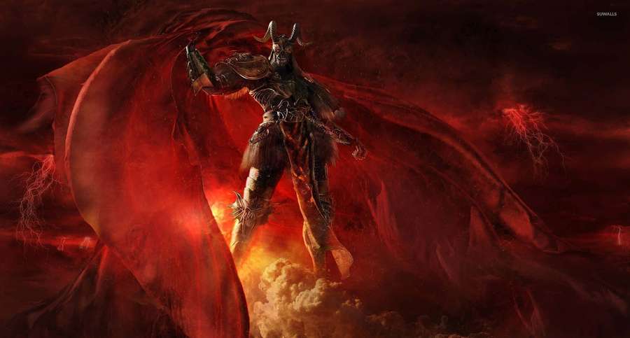 A horned demon warrior in armor stands on clouds with red lightning and fiery background. — Hell Background