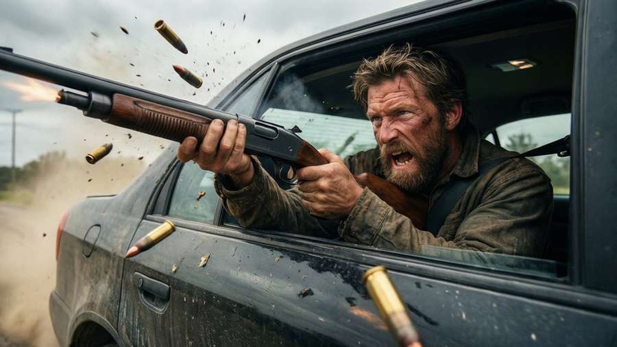 Action shot of Tanner Howard firing a shotgun from a car. — Hell Or High Water Wallpaper