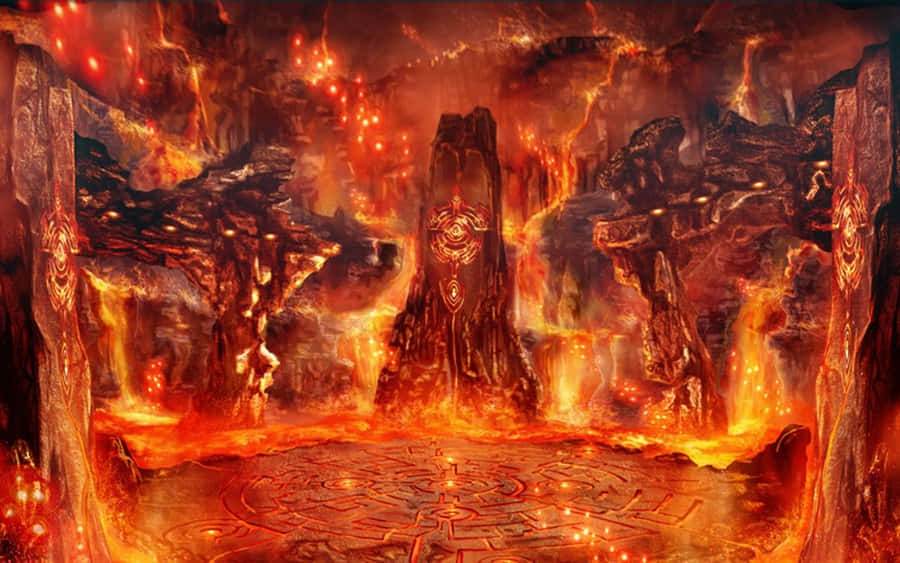 Fiery cavern with lava flows and rune-carved pillars surrounding a central monolith. — Hell Picture