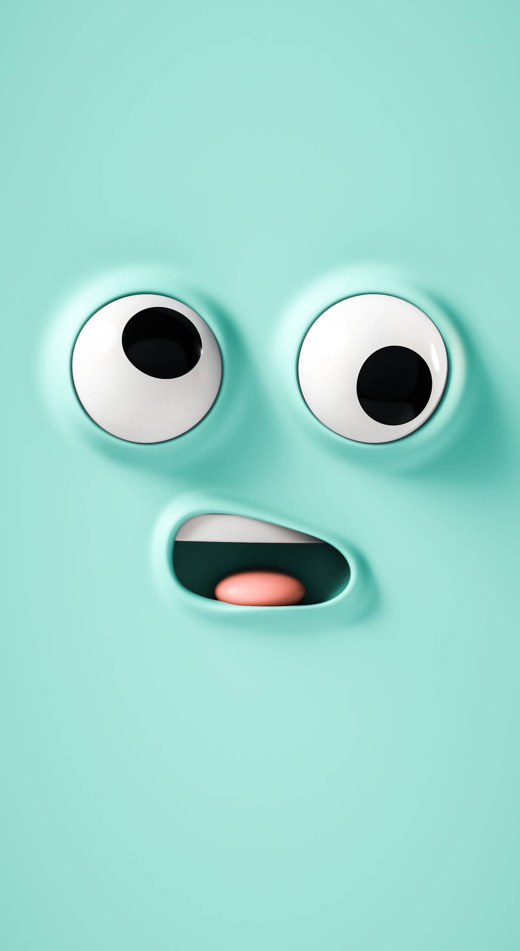Ein überraschtes Cartoon-Gesicht mit großen Augen und offenem Mund auf mintgrünem Hintergrund. — Hellblau Wallpaper