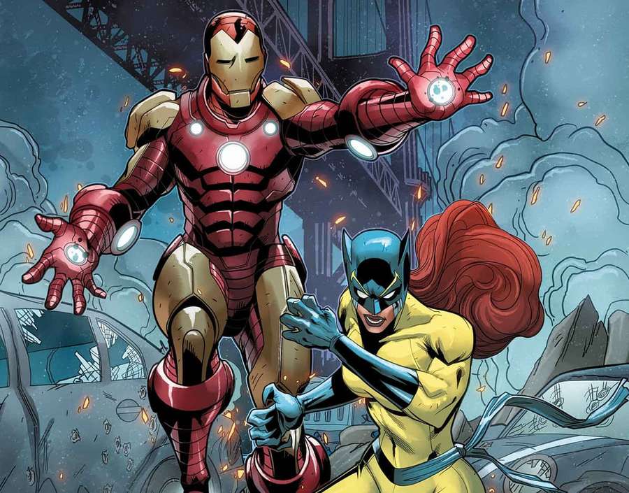 Iron Man und eine rothaarige Superheldin in gelben und blauen Anzügen stehen inmitten von Rauch und Trümmern in einer zerstörten Stadtlandschaft. — Hellcat Bilder