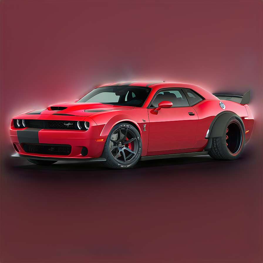 Red Dodge Challenger with black stripes glowing against a maroon background. — Hellcat PNG