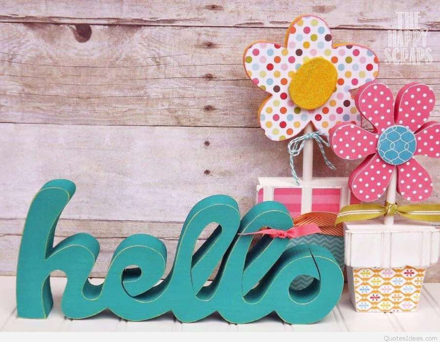 Teal 3d hello sign with paper flowers in patterned pots on wood. — Hello Background