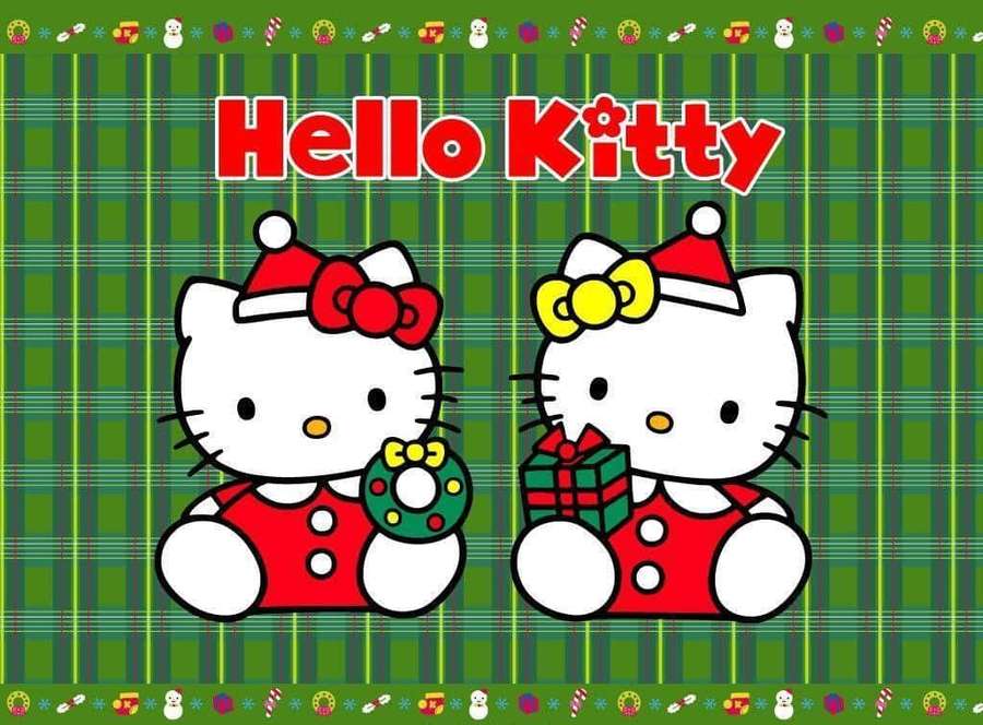 Two Hello Kitty characters in holiday attire holding a wreath and gift on a plaid background. — Hello Kitty Christmas Wallpaper