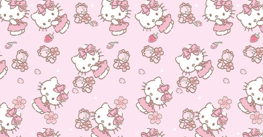 Hello Kitty vaaleanpunaisessa mekossa pitää mansikkaa kirsikankukkien terälehtien kanssa vaaleanpunaisella taustalla. — Hello Kitty Chromebook Taustakuvat