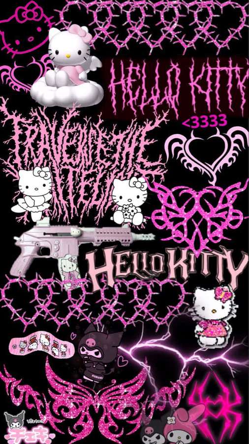 Personagens rosa da Hello Kitty e texto glitch sobre fundo preto com raio e gráfico de arma. — Hello Kitty Emo Papéis de Parede