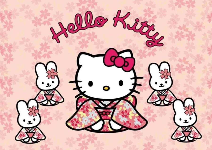 Hello Kitty e personaggi coniglietti in kimono floreali su sfondo di fiori di ciliegio. — Hello Kitty Laptop Sfondi