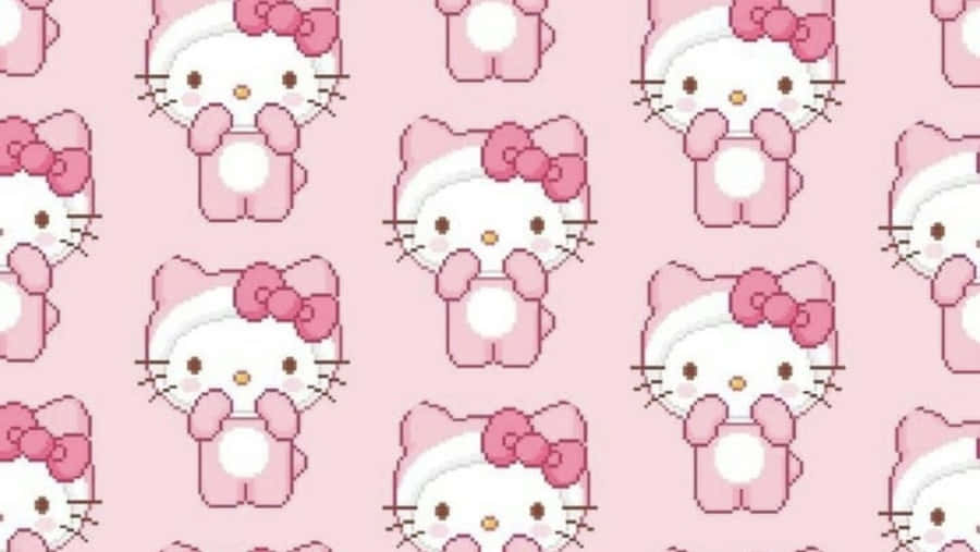 Rosa pikselkunstmønster av Hello Kitty-figurer med sløyfer. — Hello Kitty Pc Bakgrunner