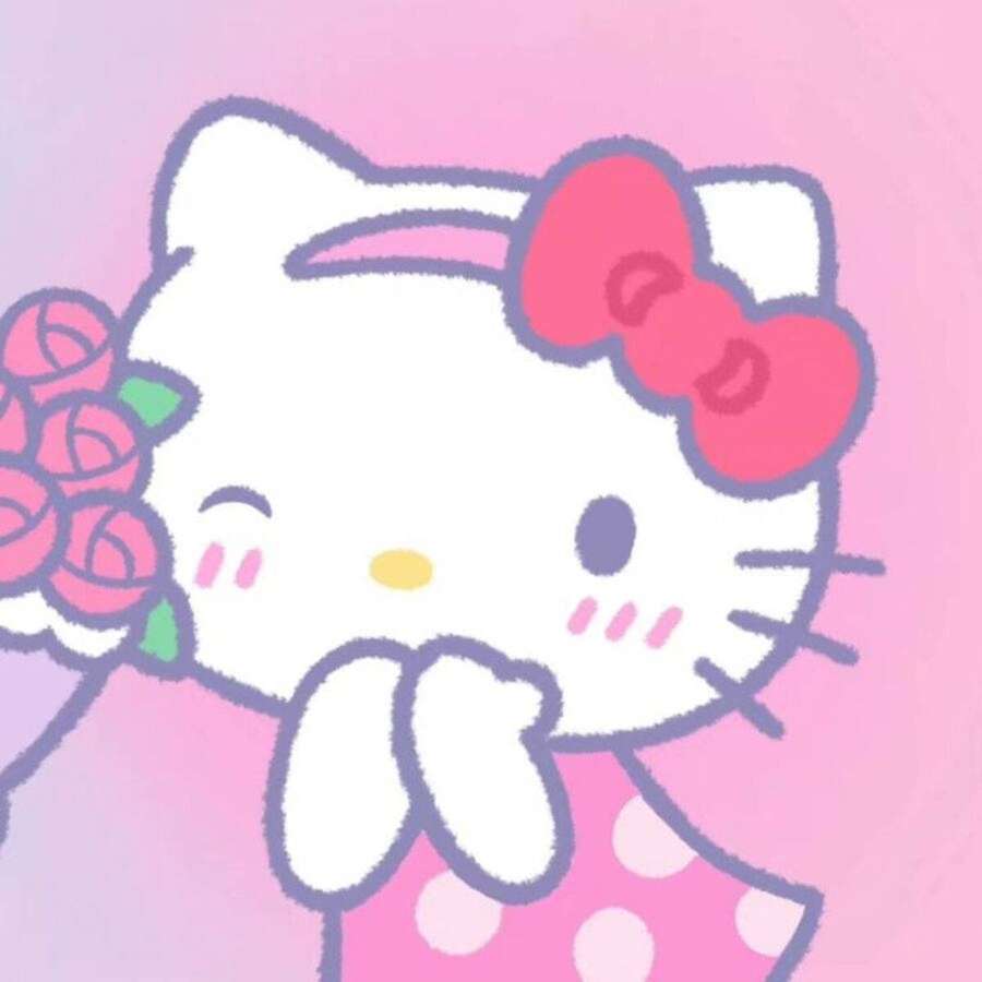 Hello Kitty holding pink roses with a happy expression. — Hello Kitty Pfp Wallpaper