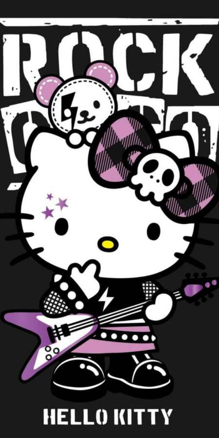 Hello Kitty em roupa punk rock segurando uma guitarra elétrica roxa. — Hello Kitty preta Papéis de Parede