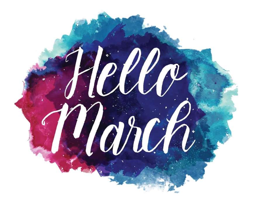 Hello March text in white cursive over colorful watercolor background — Hello March Wallpaper