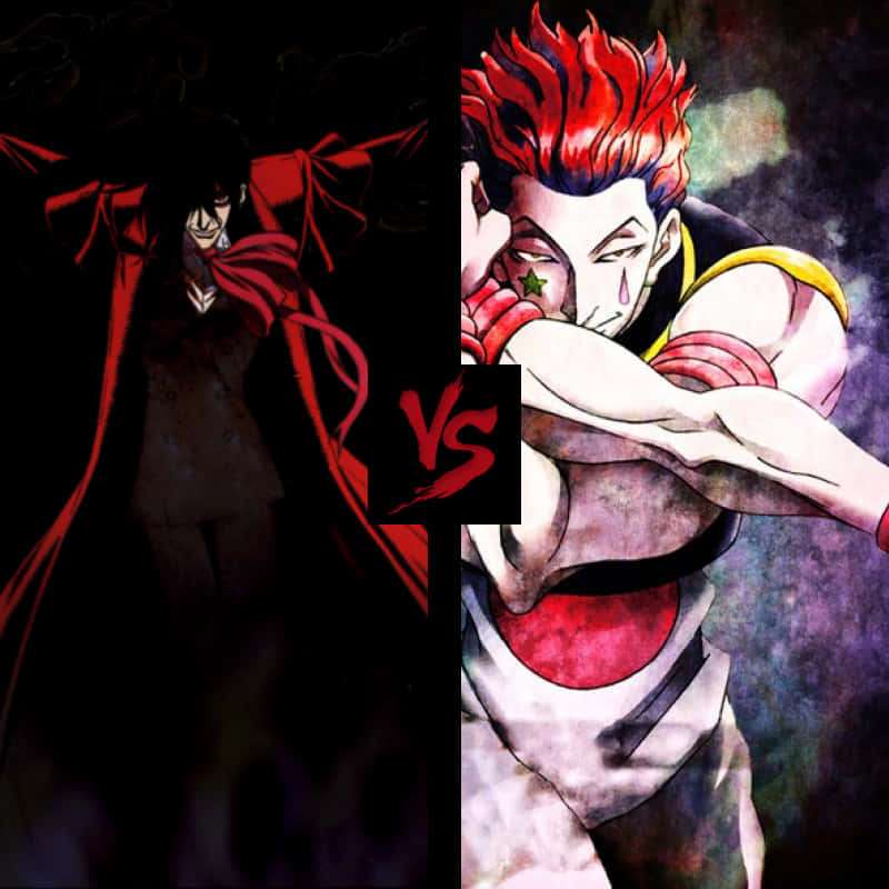 Two anime fighters in a versus battle scene with red and dark backgrounds. — Hellsing Wallpaper