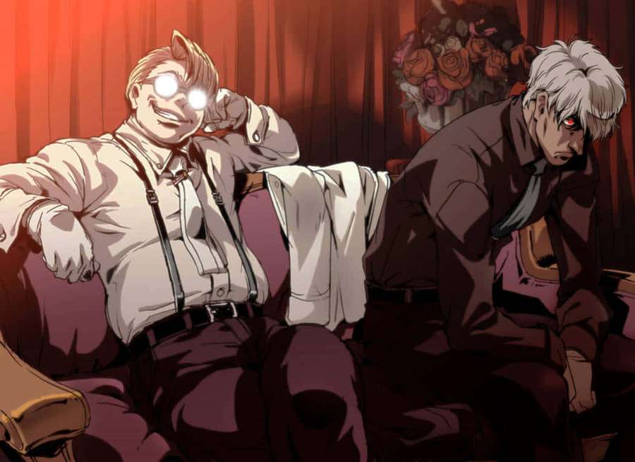 To anime-mænd på en sofa, den ene smilende med glødende øjne, den anden ser ned med røde øjne. — Hellsing The Captain Wallpapers