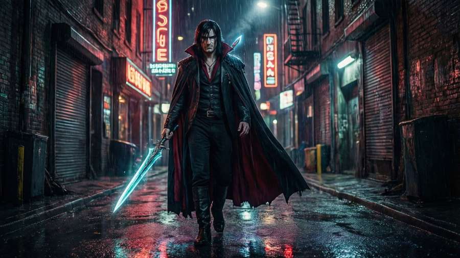 Alucard in a rainy neon alley, stake in hand, reflecting the gritty urban noir style of the Hellsing universe. — Hellsing The Major Wallpaper