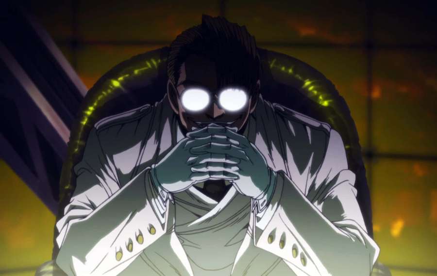 Anime character with glowing eyes seated in a throne-like chair, hands covering mouth. — Hellstar Background