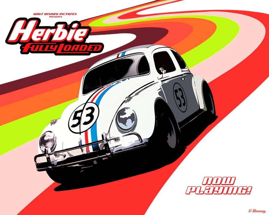 Herbie the race car speeding on a colorful track in a Disney movie poster. — Herbie Wallpaper